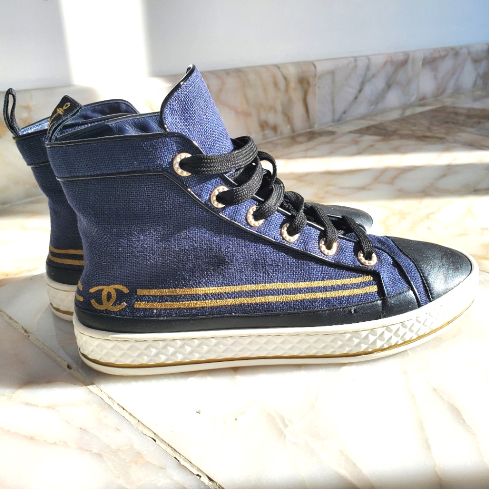 Authentic Chanel navy blue sneakers canvas leather